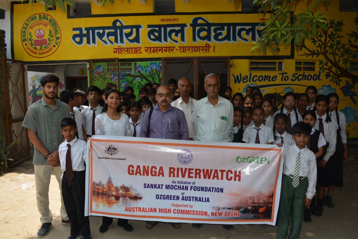 School children learning environmental education about Ganga